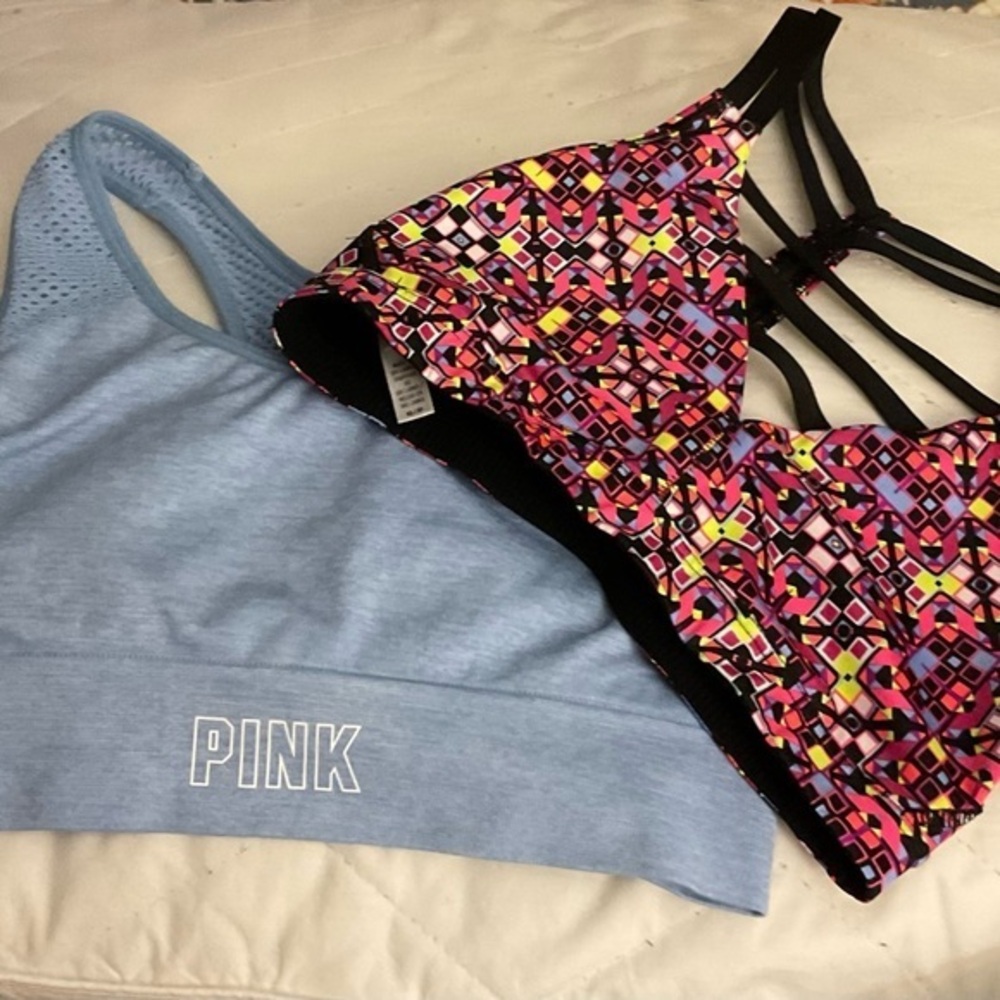 Bundle of 2 Victoria's Secret PINK Bras no padding, xs/s. Red print. Blue Solid